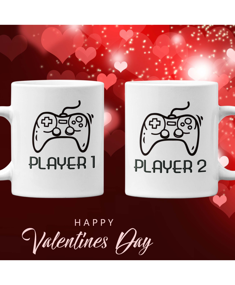 Комплект чаши за влюбени Player 1 player 2 gamers Свети Валентин Комплект чаши за влюбени Player 1 player 2 gamers Свети Валентин