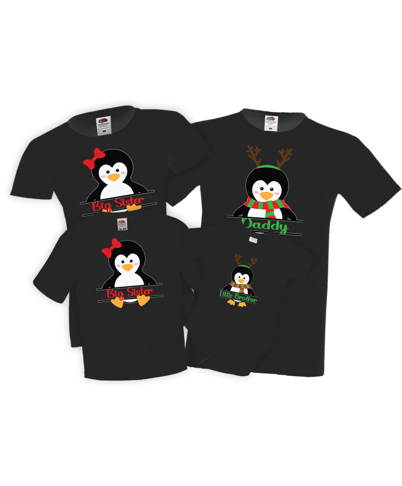 Персонализиран Семеен Коледен Комплект тениски Пингвини Mommy Daddy Sister Brother