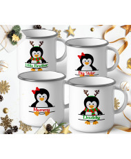 Персонализирано Коледно Емайлирано канче с Пингвини и име