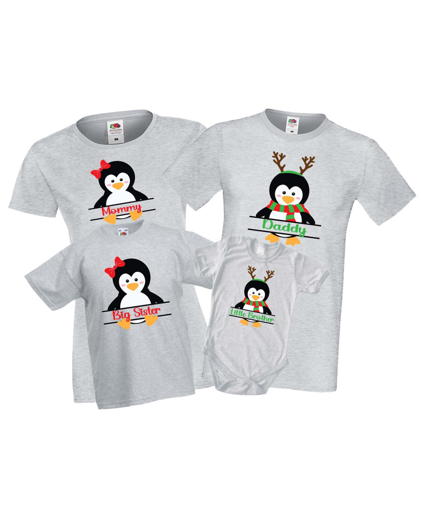 Персонализиран Семеен Коледен Комплект тениски Пингвини Mommy Daddy Sister Brother