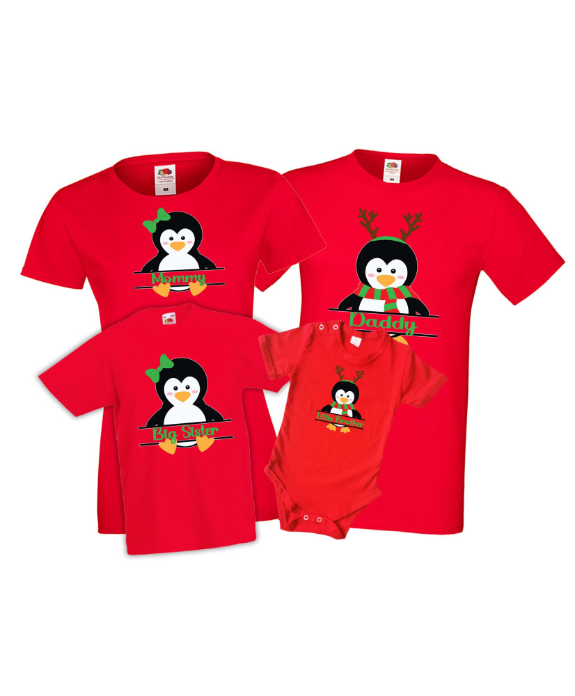 Персонализиран Семеен Коледен Комплект тениски Пингвини Mommy Daddy Sister Brother