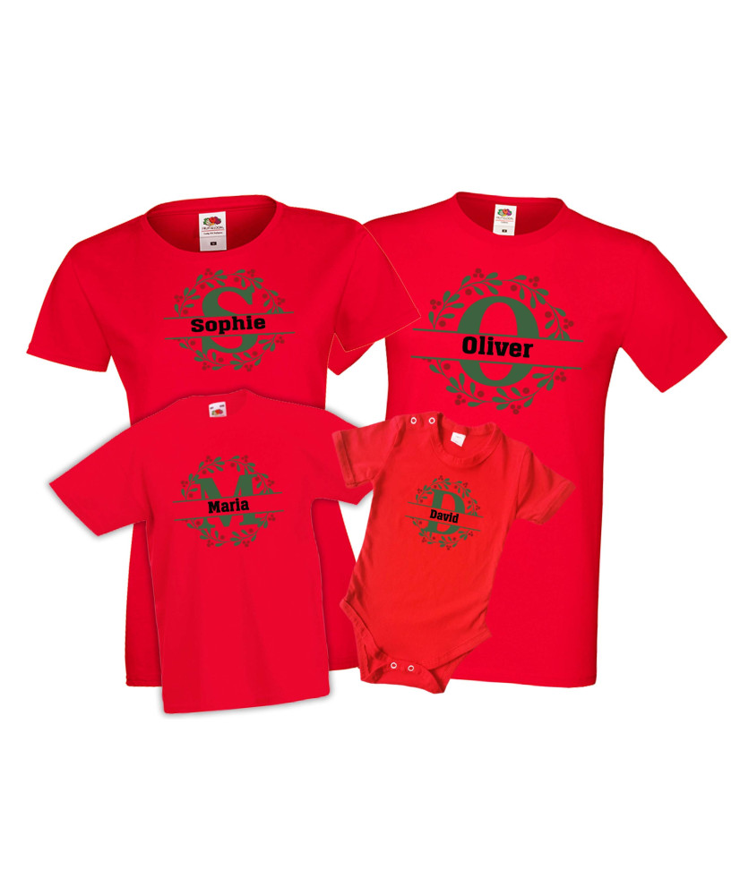 Коледни тениски Персонализиран Коледен комплект тениски с имена Коледен венец