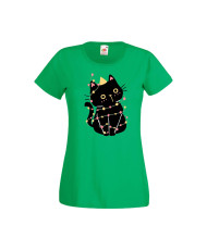 Дамска тениска Коледа Котка Коледно Дърво Black Cat Xmas Tree 1