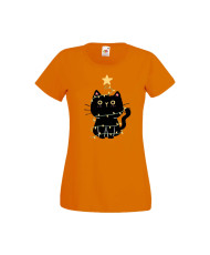 Дамска тениска Коледа Котка Коледно Дърво Black Cat Xmas Tree 2