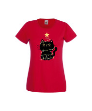 Дамска тениска Коледа Котка Коледно Дърво Black Cat Xmas Tree 2
