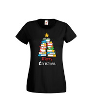 Дамска тениска Коледа Елха от книги Весела Коледа Books Xmas Tree
