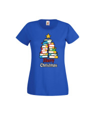Дамска тениска Коледа Елха от книги Весела Коледа Books Xmas Tree