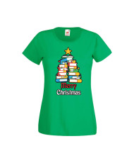 Дамска тениска Коледа Елха от книги Весела Коледа Books Xmas Tree