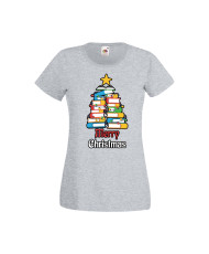 Дамска тениска Коледа Елха от книги Весела Коледа Books Xmas Tree