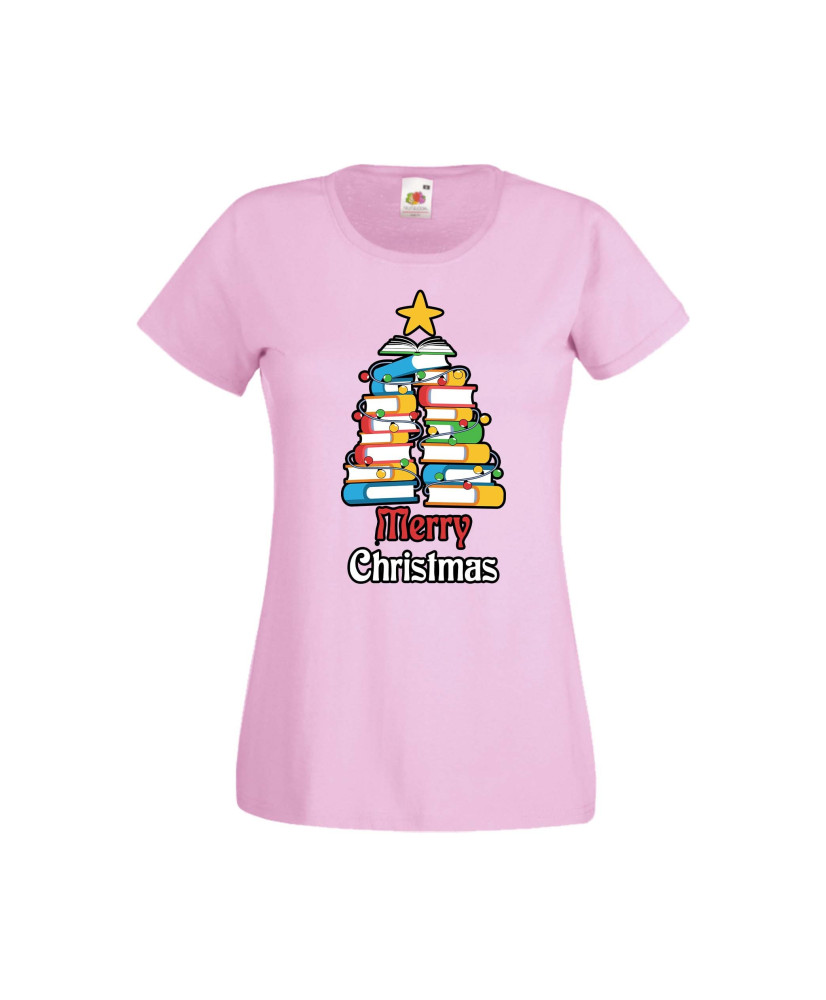 Дамска тениска Коледа Елха от книги Весела Коледа Books Xmas Tree