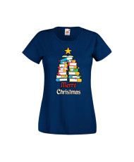 Дамска тениска Коледа Елха от книги Весела Коледа Books Xmas Tree