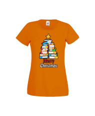 Дамска тениска Коледа Елха от книги Весела Коледа Books Xmas Tree