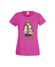 Дамска тениска Коледа Елха от книги Весела Коледа Books Xmas Tree