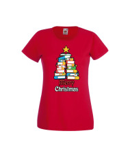 Дамска тениска Коледа Елха от книги Весела Коледа Books Xmas Tree