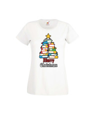 Дамска тениска Коледа Елха от книги Весела Коледа Books Xmas Tree