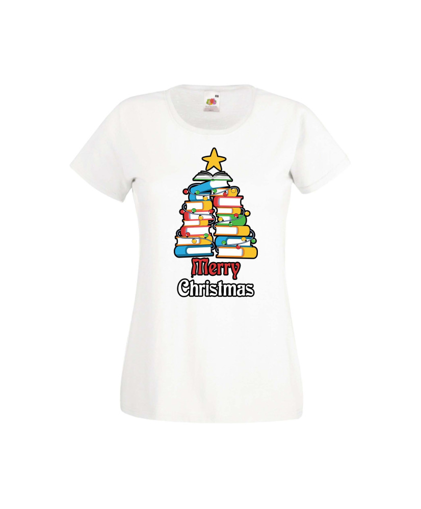 Дамска тениска Коледа Елха от книги Весела Коледа Books Xmas Tree