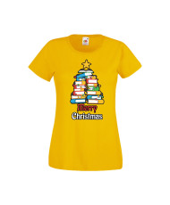 Дамска тениска Коледа Елха от книги Весела Коледа Books Xmas Tree