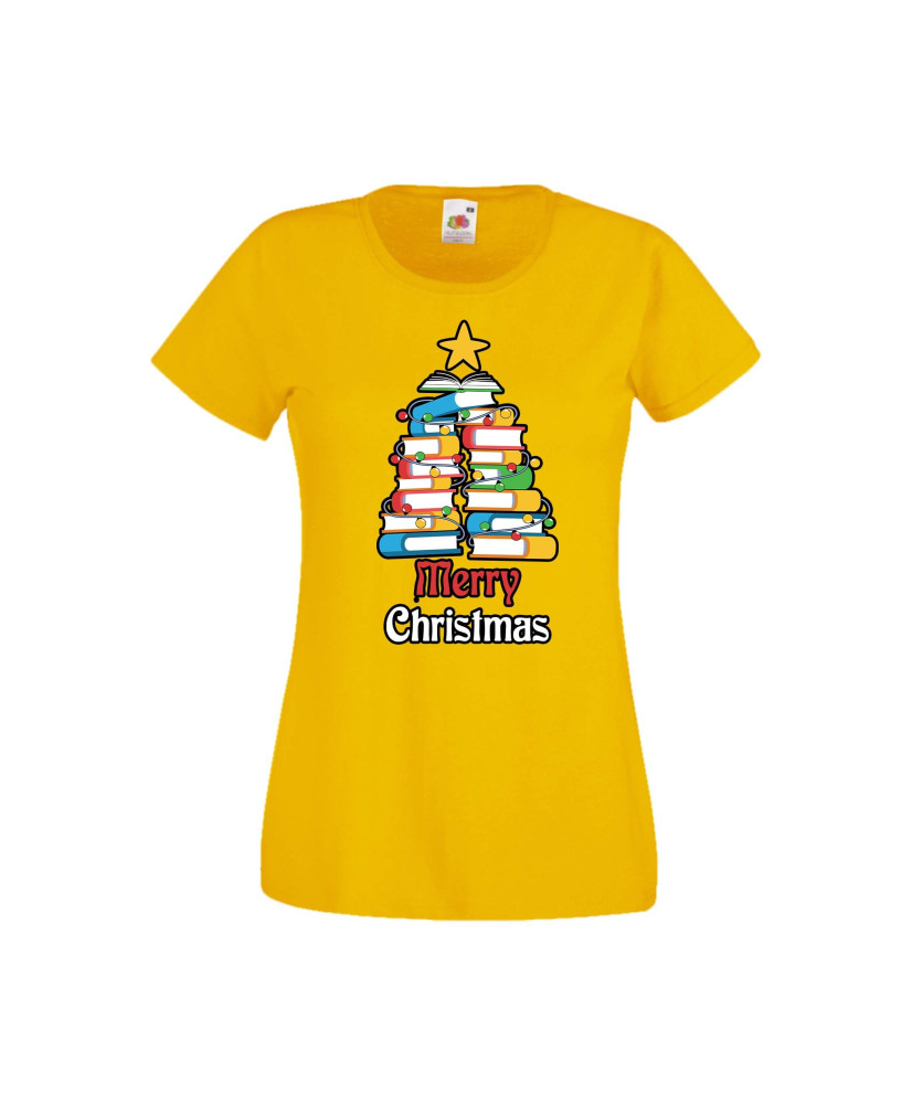 Дамска тениска Коледа Елха от книги Весела Коледа Books Xmas Tree