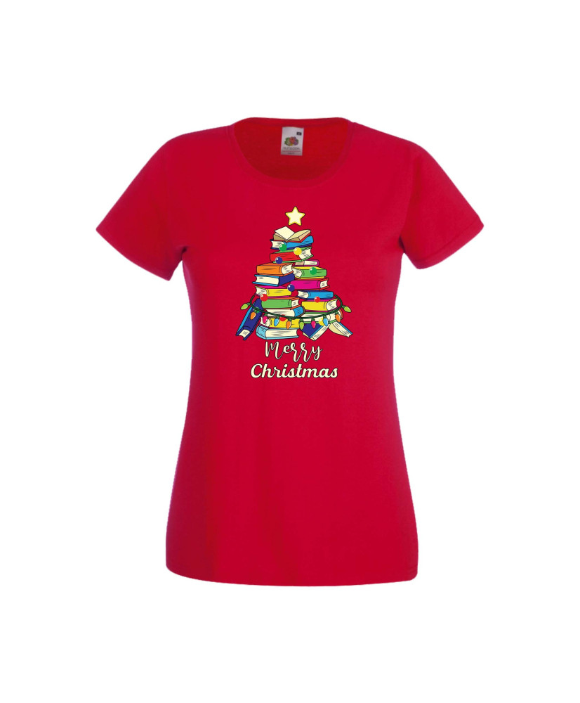 Дамска тениска Коледа Елха от книги Весела Коледа Books Xmas Tree 2