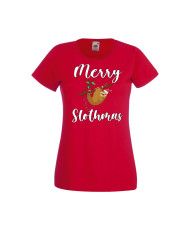 Дамска тениска Коледа Merry Slothmas