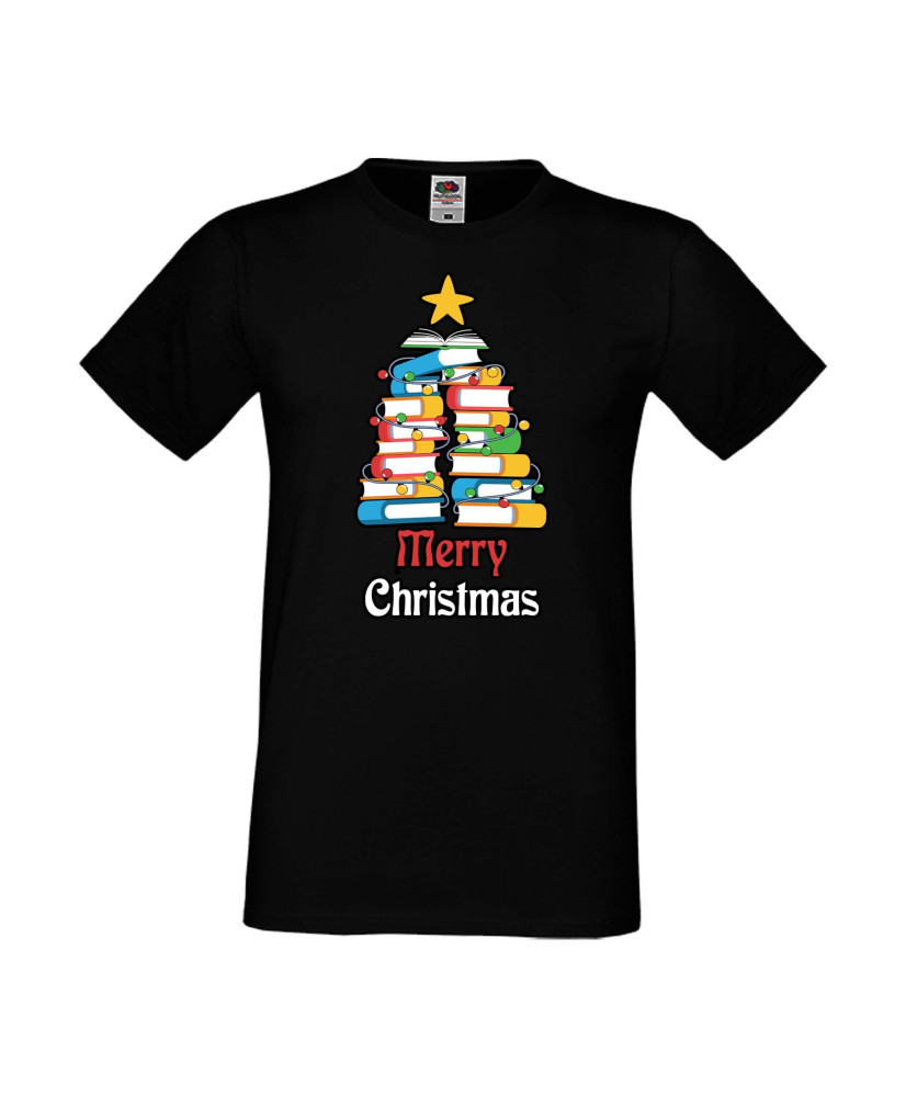 Мъжка тениска Коледа Елха от книги Весела Коледа Books Xmas Tree