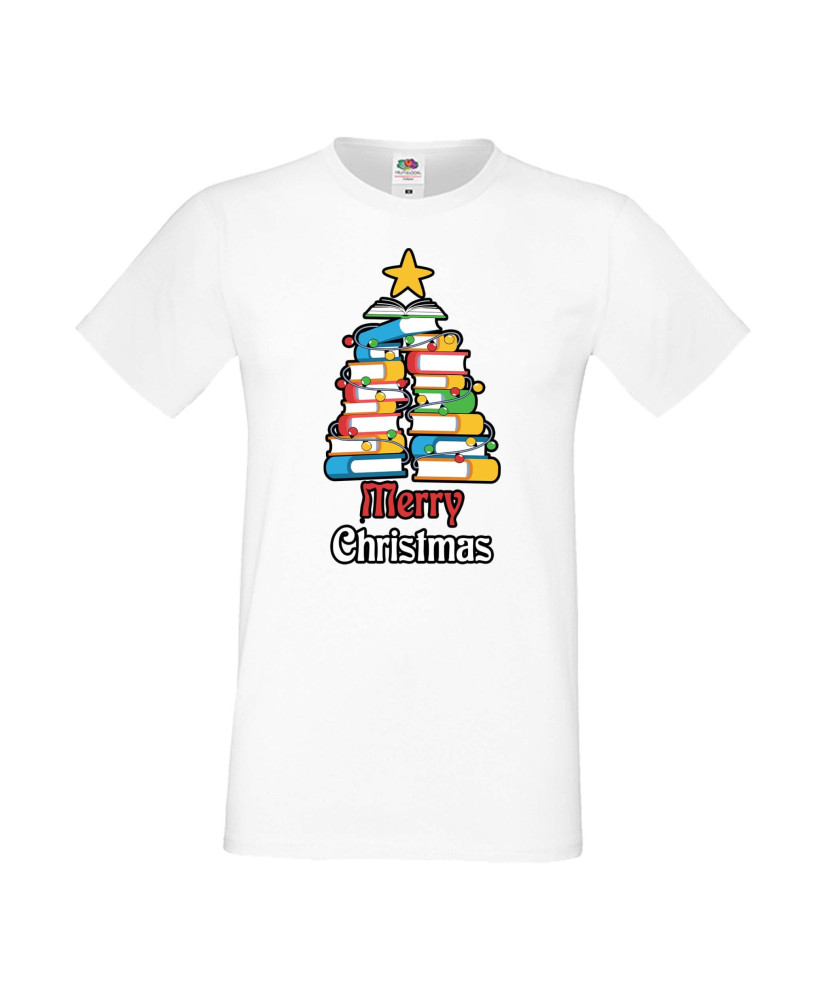 Мъжка тениска Коледа Елха от книги Весела Коледа Books Xmas Tree