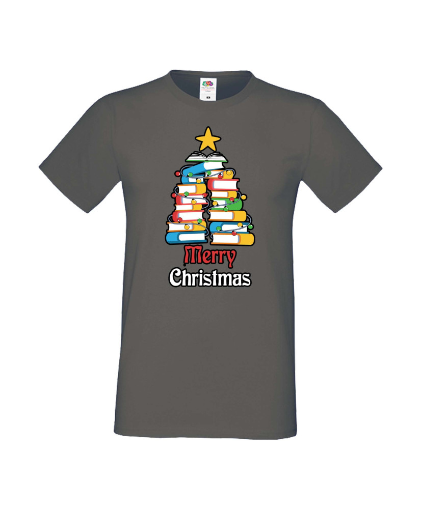 Мъжка тениска Коледа Елха от книги Весела Коледа Books Xmas Tree