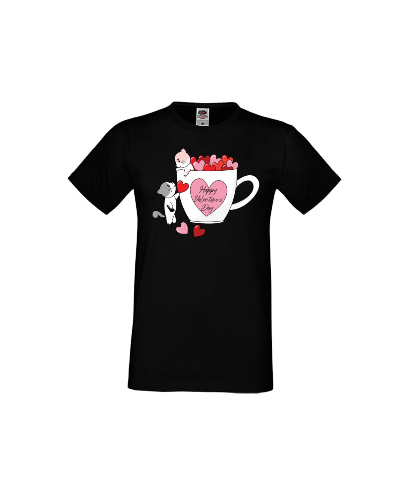 Мъжка тениска Свети Валентин Happy Valentines Day Cats On Mug Мъжка тениска Свети Валентин Happy Valentines Day Cats On Mug
