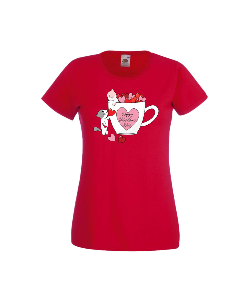Дамска тениска Свети Валентин Valentines Day Happy Valentines Day Cats On Mug Дамска тениска Свети Валентин Valentines Day Happy Valentines Day Cats On Mug