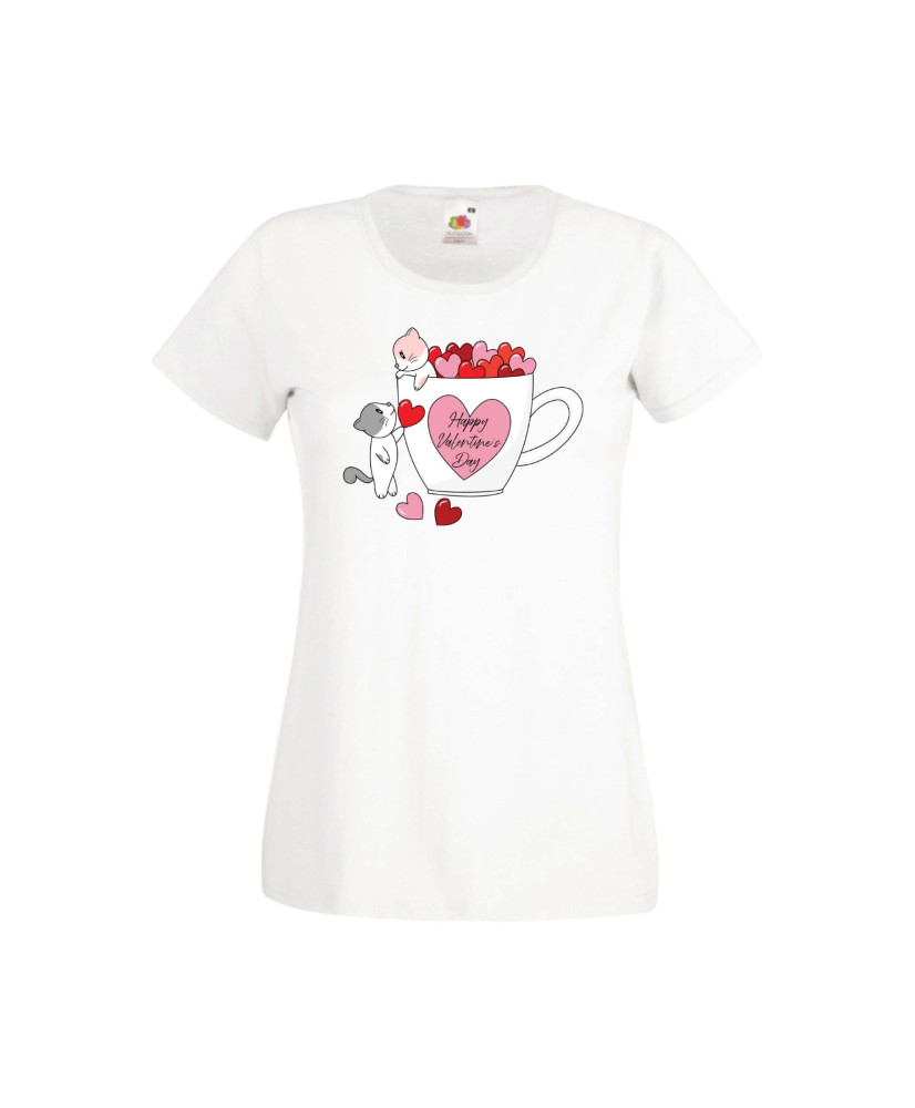 Дамска тениска Свети Валентин Valentines Day Happy Valentines Day Cats On Mug Дамска тениска Свети Валентин Valentines Day Happy Valentines Day Cats On Mug
