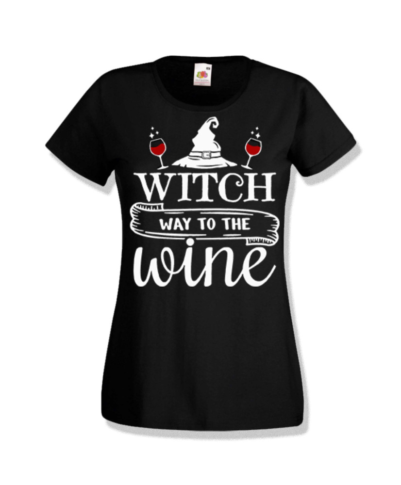 Дамска тениска Хелоуин Halloween Witch way to the wine 1