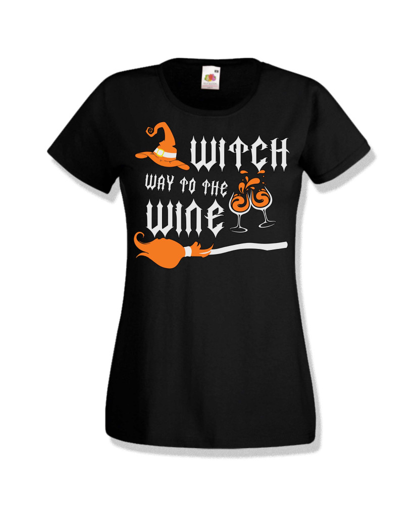 Дамска тениска Хелоуин Halloween Witch way to the wine 3