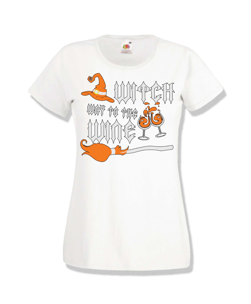 Дамска тениска Хелоуин Halloween Witch way to the wine 3