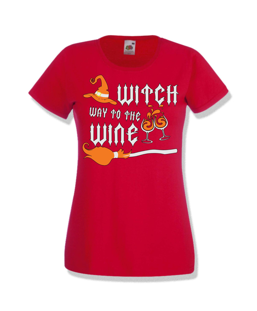Дамска тениска Хелоуин Halloween Witch way to the wine 3
