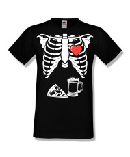 Мъжка тениска Хелоуин Halloween Skeleton rib cage pizza beer