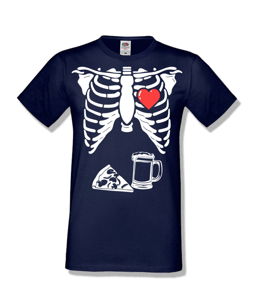 Мъжка тениска Хелоуин Halloween Skeleton rib cage pizza beer