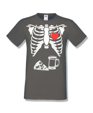 Мъжка тениска Хелоуин Halloween Skeleton rib cage pizza beer