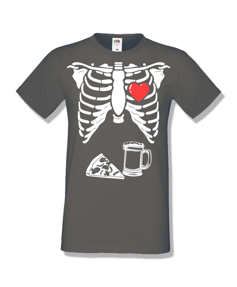Мъжка тениска Хелоуин Halloween Skeleton rib cage pizza beer