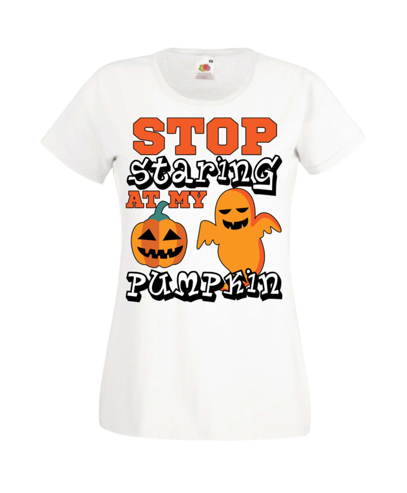 Дамска тениска Хелоуин Halloween Stop Staring At My Pumpkin 2