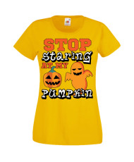 Дамска тениска Хелоуин Halloween Stop Staring At My Pumpkin 2