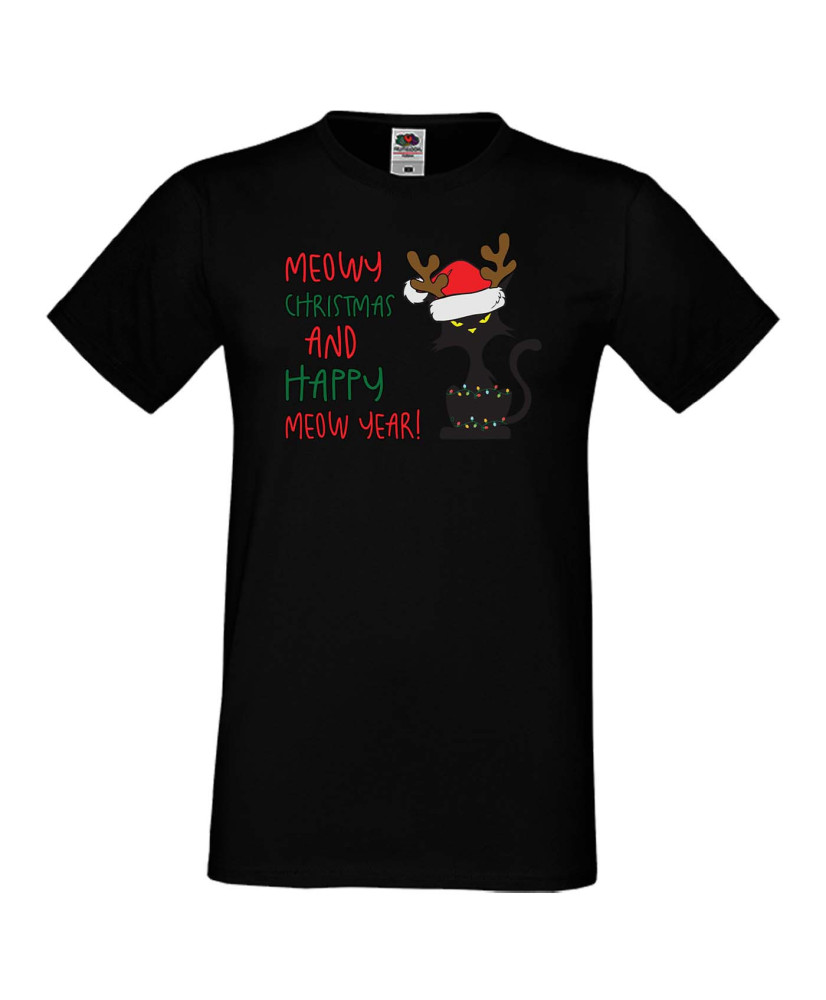 Мъжка коледна тениска Meowy Christmas and happy meow year