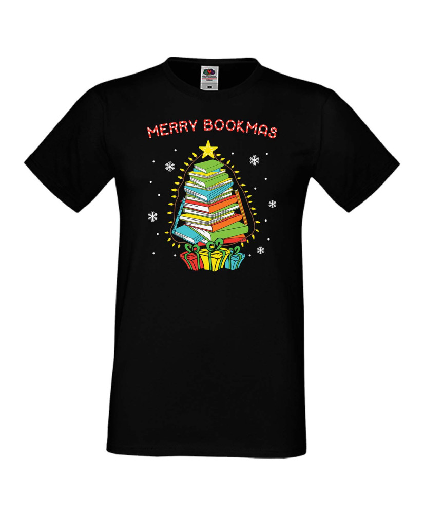 Мъжка коледна тениска Merry Bookmas books christmas tree