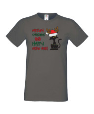 Мъжка коледна тениска Meowy Christmas and happy meow year
