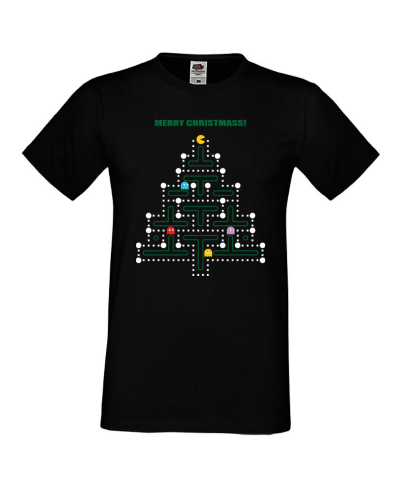Мъжка коледна тениска Pacman Christmas tree