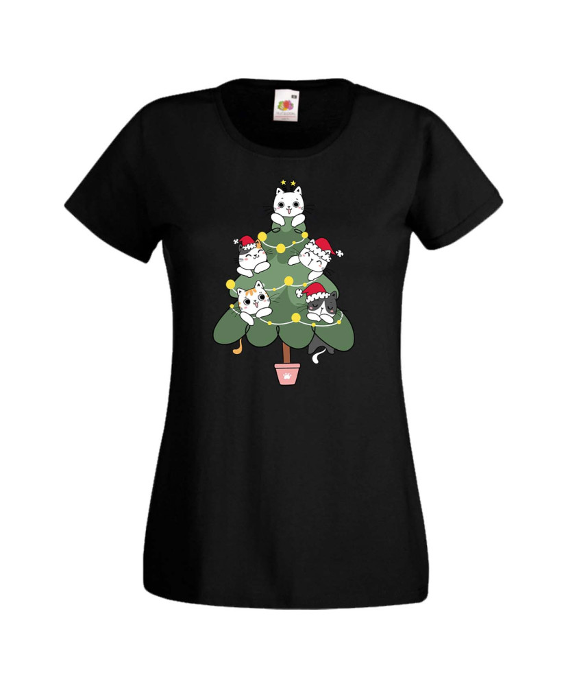 Дамска коледна тениска Cat Xmas Tree 02