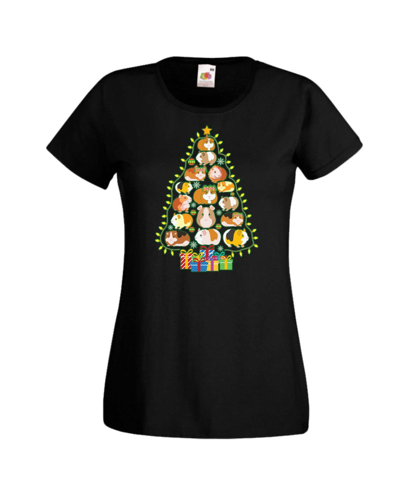 Дамска коледна тениска Guinea Pig Christmas Tree Lights Chippoa