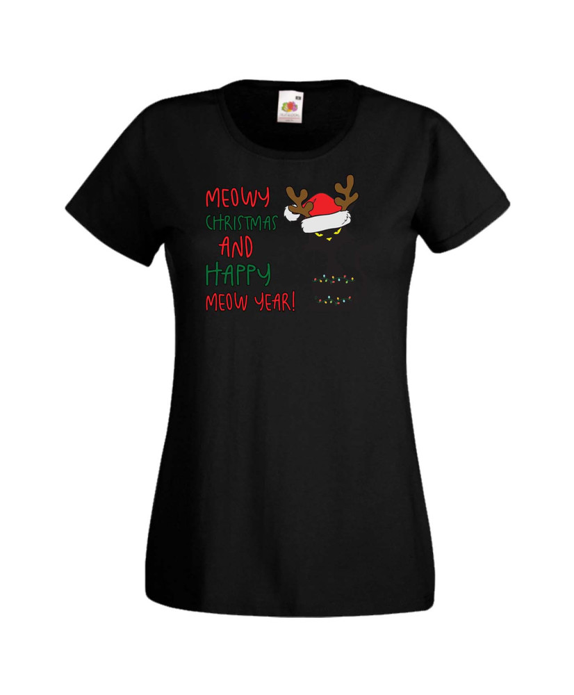 Дамска коледна тениска Meowy Christmas And Happy Meow Year