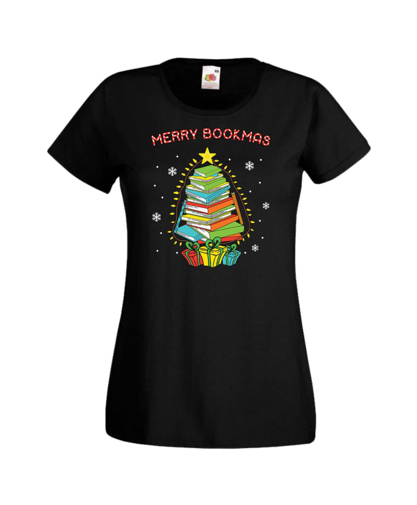 Дамска коледна тениска Merry Bookmas Books Christmas Tree