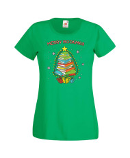Дамска коледна тениска Merry Bookmas Books Christmas Tree