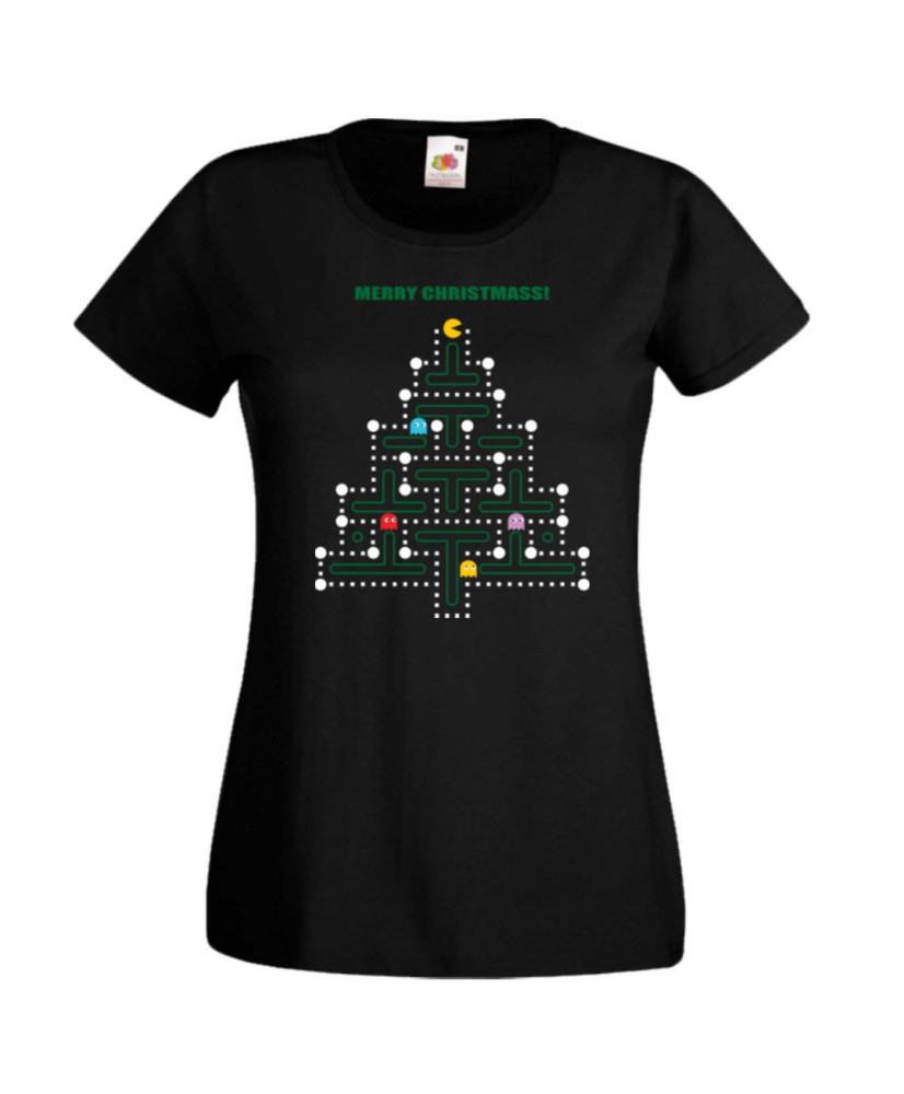 Дамска коледна тениска Pacman Christmas Tree